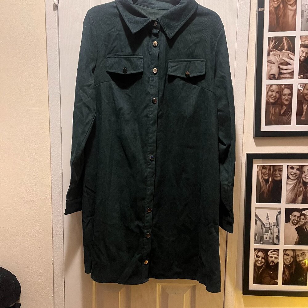 Flap Detail Belted Corduroy Shirt Dress